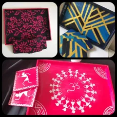 A collection of hand-painted tray and coaster sets featuring diverse Indian art styles. This includes a red Warli art tray, a black and pink block print design, and a modern geometric pattern, showing the range of customization available.