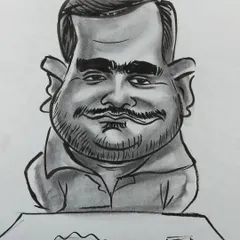 A finished caricature of a guest named Dinesh, complete with a plate of food. It’s the little details that make each drawing special.