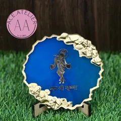 This 'Jai Shri Krishna' mantra frame in a vibrant blue with gold crystal accents is a beautiful addition to any sacred space.