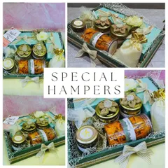 A collage showcasing a special custom hamper from multiple angles. This gift, presented in a green and white tray, is filled with jars of snacks and decorated with burlap flowers and bows, demonstrating a rustic-chic aesthetic.