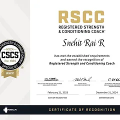 My certificate of recognition as a Registered Strength and Conditioning Coach (RSCC) from the NSCA, a credential that acknowledges my experience and expertise in the field.