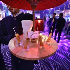 Our Cigar Boreks, served in individual shot glasses. This creative presentation is not only visually striking but also makes for easy and elegant enjoyment during a standing reception.