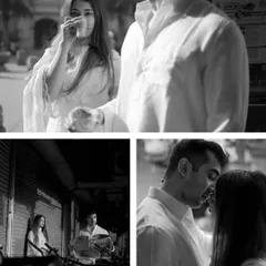 This black and white collage from the streets of Delhi captures a raw, photojournalistic feel. The images focus on candid moments, intimate gazes, and the play of light and shadow in an urban environment.