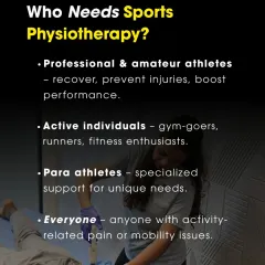 Who needs sports physiotherapy? Our services benefit professional and amateur athletes, active individuals like gym-goers and runners, and para-athletes with unique needs. Essentially, we help anyone with activity-related pain or mobility issues.