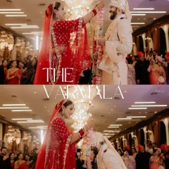The playful and joyous Varmala exchange, a pivotal moment of the wedding ceremony that we capture with energy and excitement.