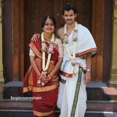 I draped this bride in a traditional Madisar style, which is a 9-yard saree drape specific to Tamil Brahmin weddings. We achieved this intricate look in just 10 minutes during a quick change for her muhurtham ceremony.