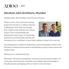 Our feature in the AD100 2025 list, highlighting our rooftop restaurant project in Manhattan and our philosophy of creating spaces that harmonize with their surroundings.