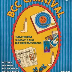 The official poster for a BCC Carnival, featuring retro illustrations of a record player and tarot cards, listing activities like pottery, live music, and pet adoption.