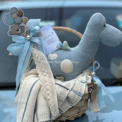 Another look at the aesthetic mini basket for a baby boy. The combination of the knitted dinosaur, soft blanket, and coordinated blue ribbons makes it a simple yet elegant gift.