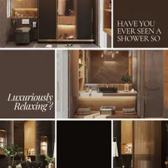 This bathroom is designed as a personal spa, blending rich, dark marble with warm wood tones and integrated lighting. The collage shows different angles, from the walk-in closet to the vessel sink and shower area, highlighting how I use texture and light to create a space that is both luxuriously relaxing and highly functional.