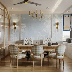 A render of a classically inspired office space. We focused on the details of the custom millwork, the serene wallpaper, and the traditional furniture to create an environment that is both professional and elegant.