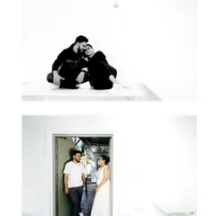 A collage of minimalist portraits, combining a sweet black and white shot with a simple, elegant pose in a doorway. This demonstrates versatility even in a simple setting.
