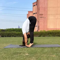 A still moment in a deep forward bend. This balancing pose, Uttanasana, requires both strength and flexibility, showing how yoga is a skill in action.