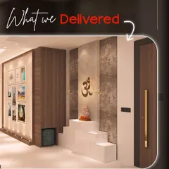 This is what we delivered: a modern and compact pooja space integrated seamlessly into the home's design. The stepped marble platform, 'Om' symbol, and warm lighting create a divine focal point.