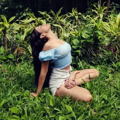A blissful moment practicing Padmasana (Lotus Pose) in the lush greenery of Goa. Connecting with nature is a vital part of my practice.