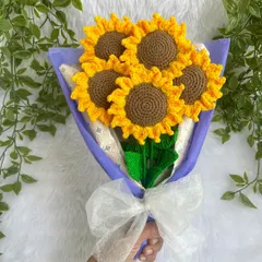 A handful of sunshine to brighten any room. This bouquet of five handmade crochet sunflowers is one of my absolute favorites to create. Each petal is crafted to bring a smile, making it a perfect gift that lasts forever.