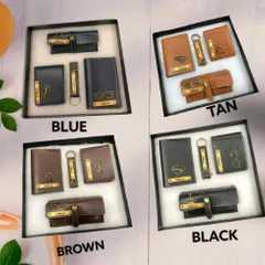 Our 4-piece men's combo is available in four classic colors: blue, tan, brown, and black. Each item can be customized with a name and a charm of your choice.