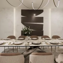 This modern dining area, conceived for a futuristic residence, showcases our ability to create sleek and sophisticated hospitality-style spaces. The design features a minimalist aesthetic with abstract art, sculptural lighting, and a focus on clean lines and premium materials.