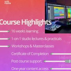 Here are the key highlights of our 16-week production course. You get one-on-one studio time, masterclasses, a certificate, and continued support even after you finish.