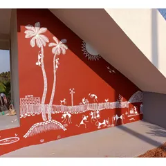 Another perspective of the under-staircase mural, highlighting the clean lines and the way the artwork integrates with the architecture of the home. This is a great example of modern ethnic wall decor.