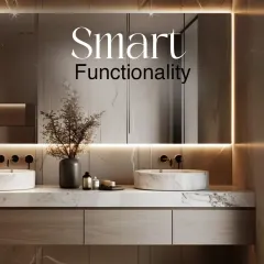 Smart functionality is key to a modern luxury bathroom. This design features a wide, backlit mirror over a double vanity with vessel sinks, providing ample light and space for two.