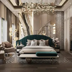 A dreamy escape where comfort meets luxury. This bedroom features a statement bed-back wall layered with mirrors, Italian marble, and fabric. The intricately patterned flooring adds a bold design statement.