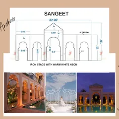 The blueprint for the sangeet stage. The bride wanted a subtle backdrop that wouldn't overshadow the palace facade, so we designed these 'peekaboo' arches in the Moroccan style to beautifully frame the view.