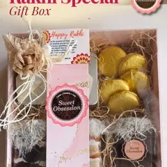 For Raksha Bandhan, I create these special gift boxes filled with a curated selection of sweets. This hamper includes jar desserts, assorted chocolates, and a beautiful Rakhi, all elegantly packaged to celebrate the sibling bond.