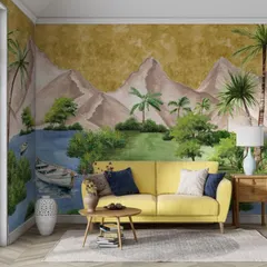 A vibrant landscape from the Prakriti collection, where mountains meet the water under a golden sky. This hand-painted design wraps around the room, creating an immersive experience that brings the outdoors in.