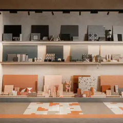 At the heart of the Trove showroom is this material library, which we designed to be both a functional display and a sculptural piece. The tiered shelving and integrated lighting put the focus where it belongs: on the beauty and versatility of the materials themselves.
