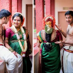 A playful interaction between the parents-to-be during their maternity shoot. The husband-to-be's fun expression shows the joy and excitement of this special time.