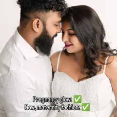Pregnancy glow and maternity fashion on point. A close-up, intimate portrait of a couple, with the mom-to-be in a simple and elegant white gown.