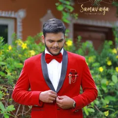 I also offer coordinating outfits for partners, like this sharp red blazer, available for rent to complete your couple's look.