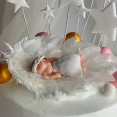 The delicate, handcrafted fondant baby topper, nestled in a bed of wafer paper feathers.