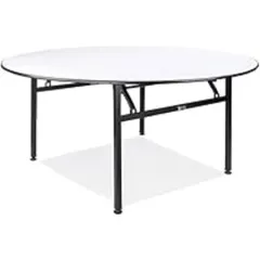 This round folding banquet table is a staple for any event hall. It features a durable top and a sturdy, collapsible metal frame for easy transport and setup.