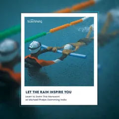 Let the rain inspire you to learn to swim this monsoon. This image shows a coach guiding a student in the water, emphasizing that our temperature-controlled pools in Mumbai, Pune, and Solapur provide the perfect comfortable environment, no matter the weather.