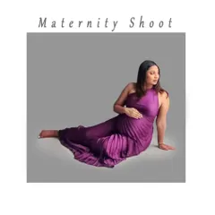 This portrait showcases a beautiful pleated purple gown from my collection. The seated pose is comfortable and elegant, allowing the fabric to drape beautifully while highlighting the perfect roundness of the bump.