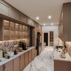 A parallel kitchen with dusty rose cabinets, fluted glass uppers, and a vibrant, handcrafted patterned tile backsplash.