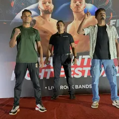 The face-off. Our fighter Ramit staring down his opponent before their fight. This is where the mental warfare begins. We prepare our fighters for every aspect of the game.