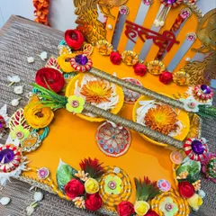 A full view of another stunning Haldi platter design. This one features intricate floral work, traditional motifs, and a bright yellow theme to capture the joyful spirit of the Haldi ceremony.