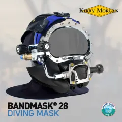 This is the Kirby Morgan BandMask 28, a certified helmet for mixed-gas and commercial diving. It features the SuperFlow adjustable demand regulator, which provides high gas flow for easier breathing under heavy workloads.