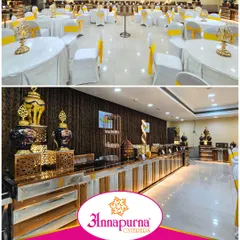 This image shows a wide view of our Symphony Banquet hall, arranged for a large gathering with white and yellow themed decor. The lower panel highlights our modern, metallic buffet counters, which are both functional and stylish.