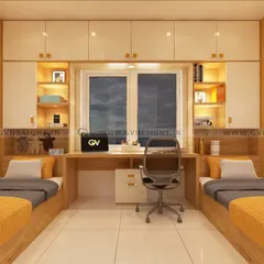 This shared kids' bedroom is designed for productivity and organization. It features two single beds flanking a shared study desk, with extensive overhead storage and individual bookshelves, all in a cheerful yellow and wood color scheme.