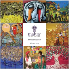 A glimpse into the variety of our Art Annual 2016 catalogue. This collage highlights the diverse styles we bring together, from abstract and figurative paintings to intricate mixed media works, representing a cross-section of contemporary Indian art.