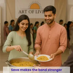 Serving food together during a seva activity. A partnership that engages in selfless service together builds a bond that is strong, meaningful, and rooted in compassion.