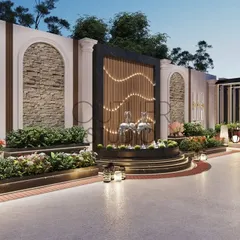 This view showcases the stunning feature fountain wall on the neoclassical terrace. The combination of natural stone, flowing water, and dramatic lighting creates a serene and captivating focal point.