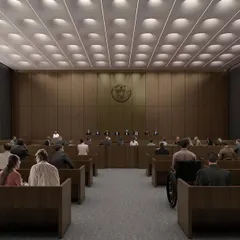 A courtroom concept for the Telangana High Court, where traditional wood paneling and arched windows are reinterpreted in a modern, minimalist language. The design aims to create a space of dignity and focus, conducive to the serious work of justice.