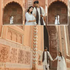 Using the stunning archways and detailed walls of the Taj Mahal complex, we created a series of classic portraits. The couple's coordinated white outfits add to the serene and elegant feel of the shoot.
