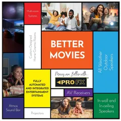 This collage illustrates the key components of our home cinema solutions. We provide everything from custom-designed rooms and multi-room systems to projectors, Atmos sound bars, and all-weather outdoor speakers for a complete, integrated entertainment ecosystem.