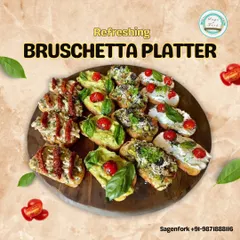 My refreshing Bruschetta Platter offers a variety of toppings. This platter includes guacamole with basil, goat cheese with cherry tomatoes, and creamy mushrooms with sun-dried tomatoes, offering a bite for every preference.